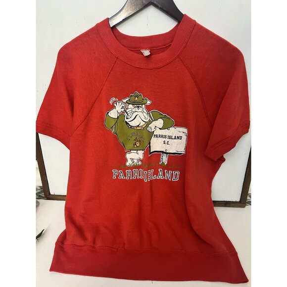 Vintage United State Marine Corps Retro Short Sleeve Sweatshirt Size XL Red.   B - Picture 1 of 4